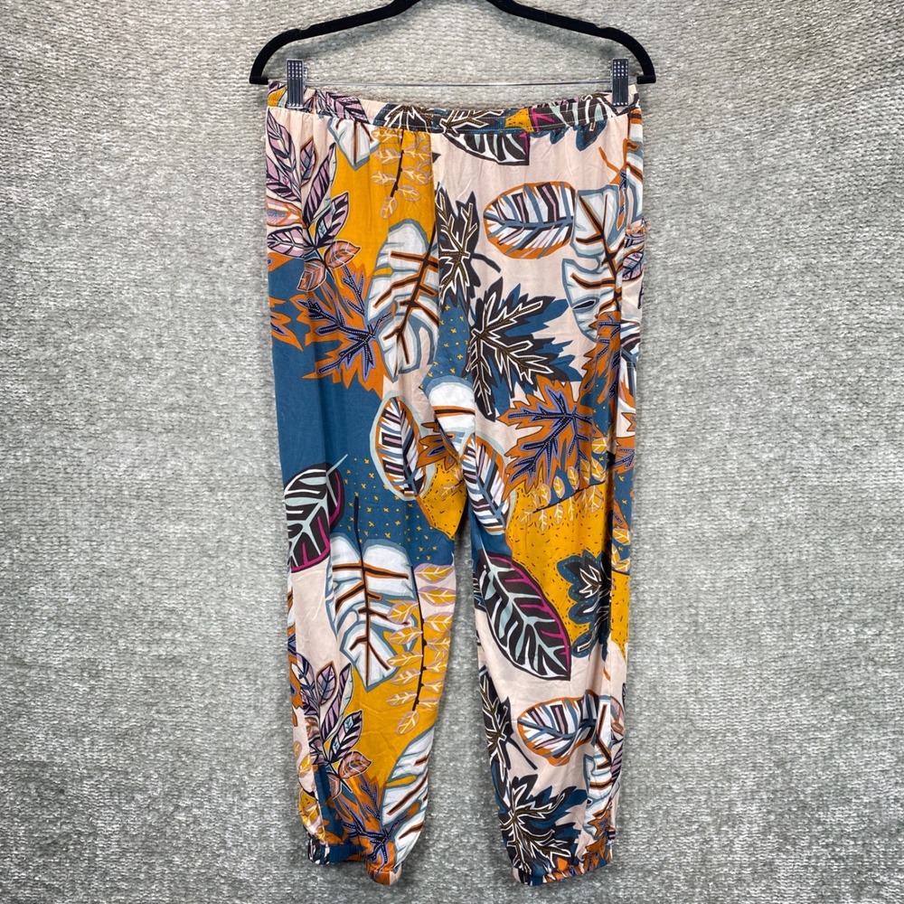Olivaceous Womens Tropical‎ Leaf Print Jogger Pants Multicolor Rayon Size L